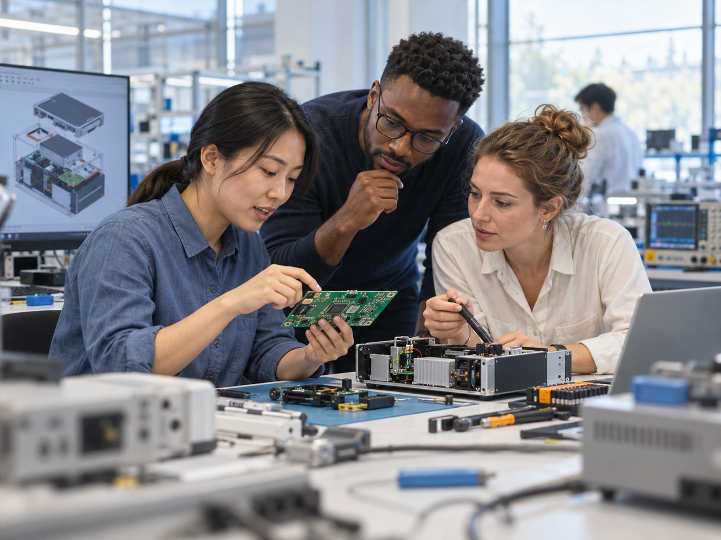 OEM engineering team reviewing an electronic product prototype and circuit board