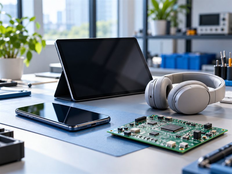 Smartphone, tablet and headphones on a consumer electronics development bench