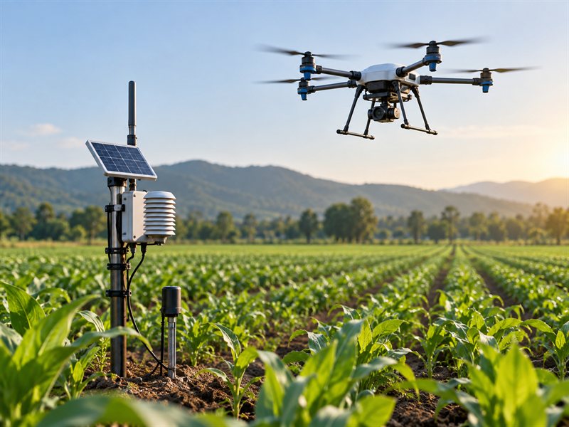 Monitoring drone and connected soil sensor above agricultural crop rows